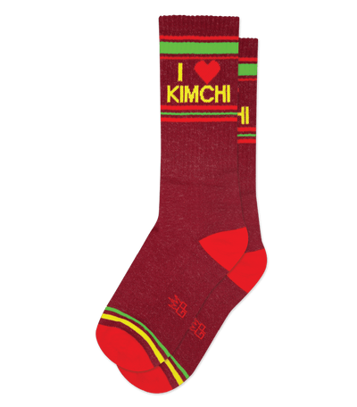 Crimson sock with "I ♥ KIMCHI" text, red accents, and green stripes on the cuff.