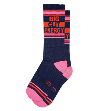 Navy blue sock with rust red accents and text "BIG CLIT ENERGY" on the cuff.