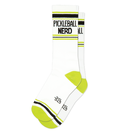 White crew sock with "PICKLEBALL NERD" text and lime green accents, no background.