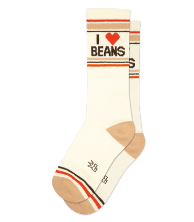 Cotton sock with "I HEART BEANS" text, natural color, and light brown accents.