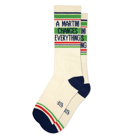 Sock with text "A Martini Changes Everything," natural cotton color, green accents, no background.