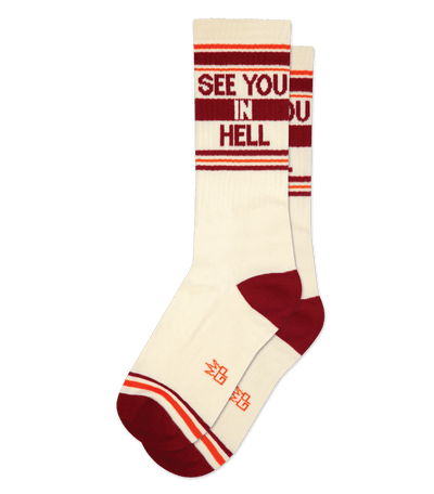 Natural cotton sock with cardinal red accents and text "SEE YOU IN HELL" on the leg, no background.