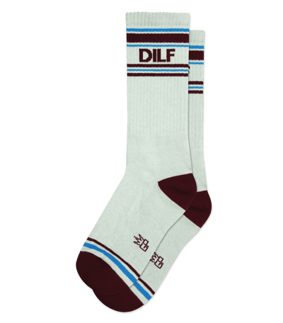 Gray sock with 'DILF' text, light blue accents, burgundy toe and heel, no background.