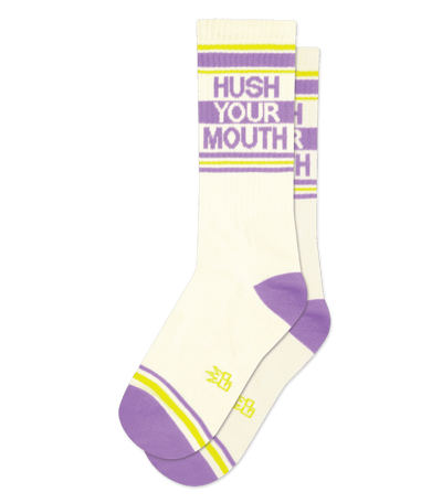 Cotton sock with "HUSH YOUR MOUTH" text, lilac purple accents, no background.