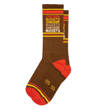 Brown sock with "CHICKEN NUGGETS" text and gold accents, no background.