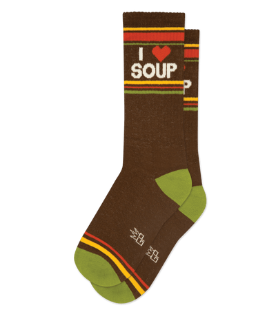 Brown socks with "I ❤️ SOUP" text and light olive green accents; striped with red, orange, and yellow.