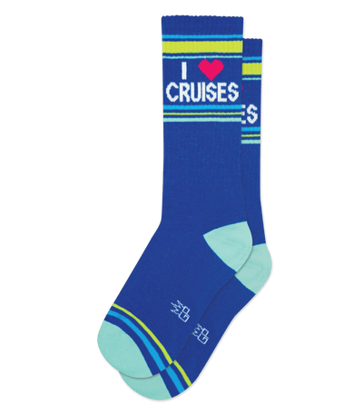Royal blue socks with text "I ♥ CRUISES" in white. White and light blue accents on the heel and toe.