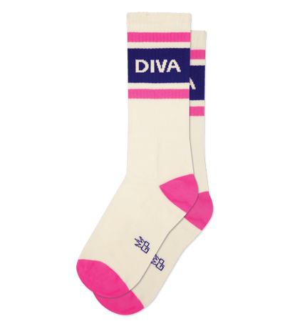 Cream-accented natural cotton socks with "DIVA" text in purple, featuring pink trim, heel, and toe.
