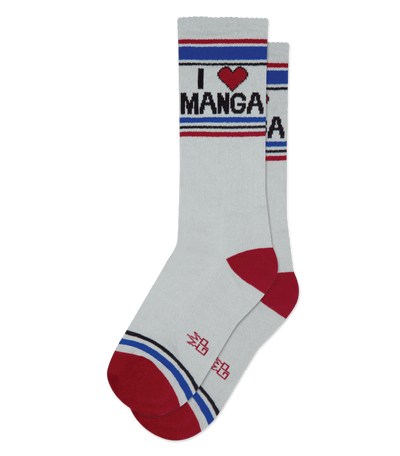 Gray sock with "I HEART MANGA" text and royal blue and red accents, no background.