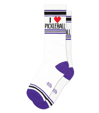 White sock with "I [heart] PICKLEBALL" text in black and red, and purple accents, no background.