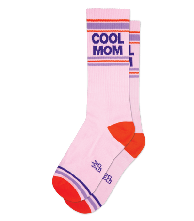 Pink sock with "COOL MOM" text, orange accents, and no background color.