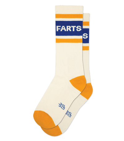 Socks with "FARTS" text in blue and orange stripes, natural cotton color, cream accents.