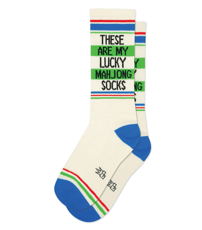 Natural cotton socks with red accents; text reads "These are my lucky mahjong socks" in green.