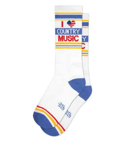 White sock with "I love country music" text and denim blue accents, no background.