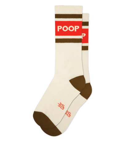 Cream-accented natural cotton socks with bold "POOP" text, brown toes and stripes.