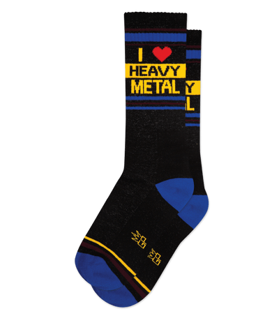 Black sock with "I ♥ HEAVY METAL" text and maroon, blue, yellow accents. No background color.