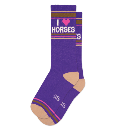 Purple sock with "I HEART HORSES" text, light brown accent colors, and no background.