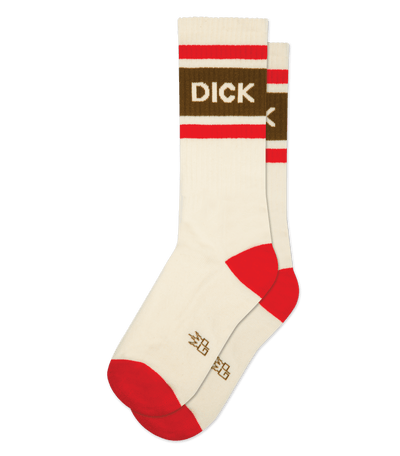 Natural cotton sock with cream accents, red toes and heels, and "DICK" text on the brown top band.