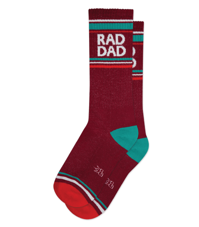Crimson sock with "RAD DAD" text and teal accents, without a background.