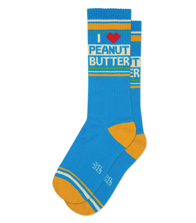 Ocean blue socks with brass accents, text reads "I ♥ PEANUT BUTTER," against a transparent background.
