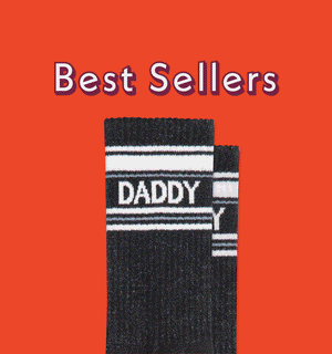 Assorted novelty socks laid out on a red background with text "Best Sellers" in the center.