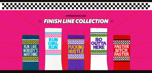 Promotional banner for Finish Line Collection socks with motivational phrases, and a special offer.