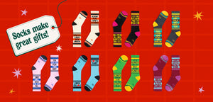 Red banner with 7 pairs of socks and gift tag that says "SOCKS MAKE GREAT GIFTS"