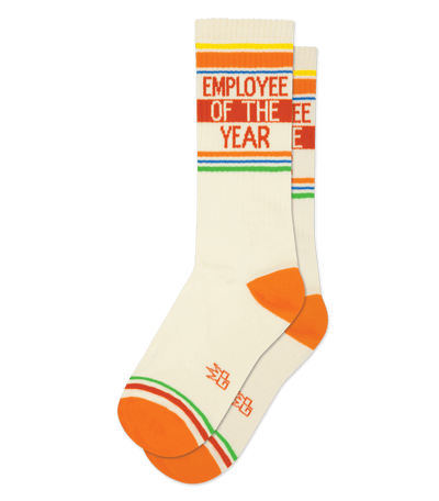 Alt text: Natural cotton sock with orange accents, text reads "Employee of the Year" in red, kiwi green stripes.