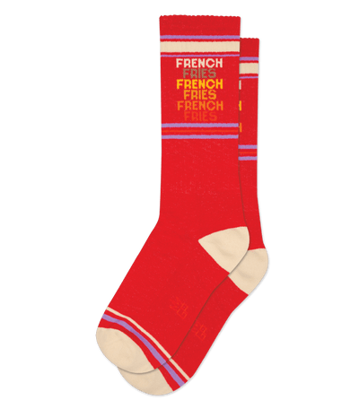 Red sock with "FRENCH FRIES" text and brass accents, no background.