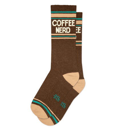 Dark brown sock with teal accents and "COFFEE NERD" text on the ankle, transparent background.