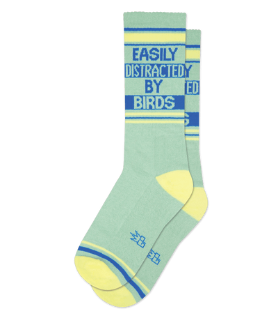 Light green sock with "EASILY DISTRACTED BY BIRDS" text in ocean blue, no background.