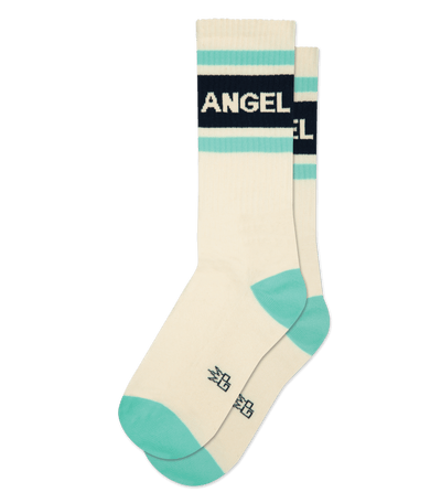 Natural cotton socks with cream accents, "ANGEL" text and blue toes, heel, stripes, and cuff.