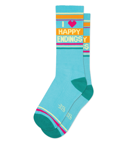 Teal socks with "I ♥ Happy Endings" in orange and white text, teal and orange accents, no background.