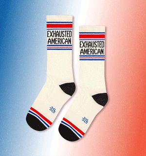 Banner with red, white, blue gradient. Displaying 4 pairs of politically themed socks.