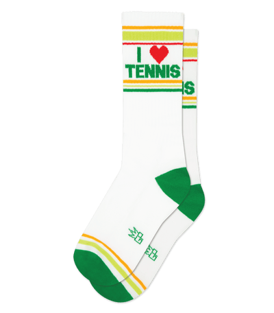 White socks with kelly green accents, featuring the text "I ♥ TENNIS" and green detailing at the toe.