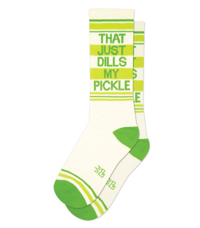 Sock with text "That Just Dills My Pickle", natural cotton color, green accents.