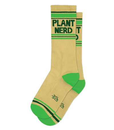 Light khaki sock with kiwi green accents and text "PLANT NERD" on calf area.