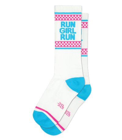 White socks with pink checkerboard, "RUN GIRL RUN" text, and blue accents.