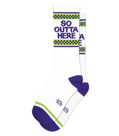 White sock with purple accents and text "SO OUTTA HERE" displayed prominently.