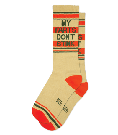 Light khaki sock with orange accents, text "My Farts Don't Stink," and no background.