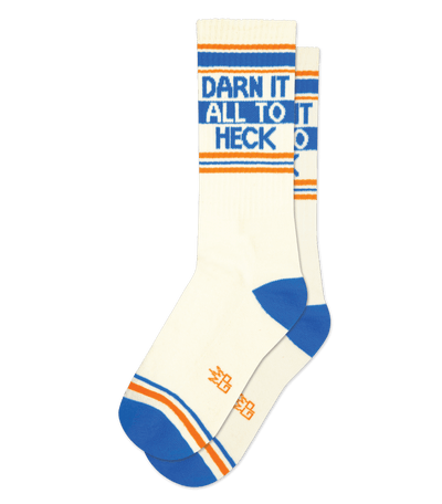A natural cotton sock with the phrase "DARN IT ALL TO HECK" and beachfire yellow accents.