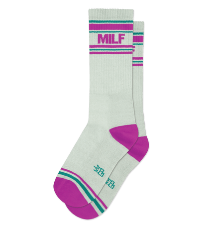 Gray sock with teal accents and text design, no background.