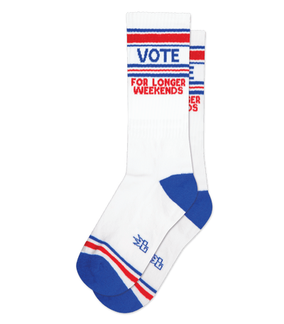 WHITE SOCK THAT SAYS "VOTE FOR LONGER WEEKENDS"