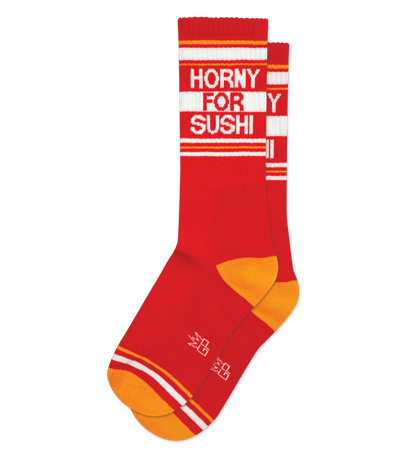 Red sock with "HORNY FOR SUSHI" text, light orange accents, and no background.