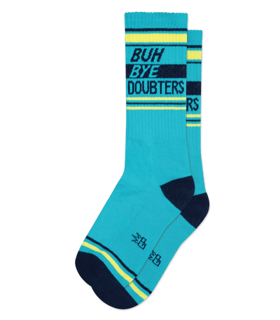 Blue socks with "BUH BYE DOUBTERS" text, yellow and navy stripes at the top, no background.