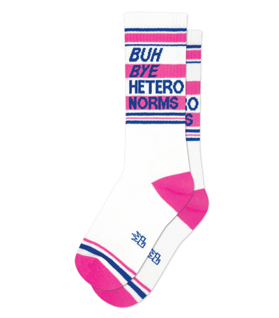 Pair of socks with "BUH BYE HETERO NORMS" text, pink and blue stripes.