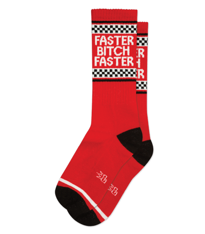 Red sock with 'FASTER' text, checkered pattern, and black accents on toe and heel.