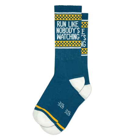 Dark blue sock with text "RUN LIKE NOBODY'S WATCHING" in white on a yellow and checkered band.